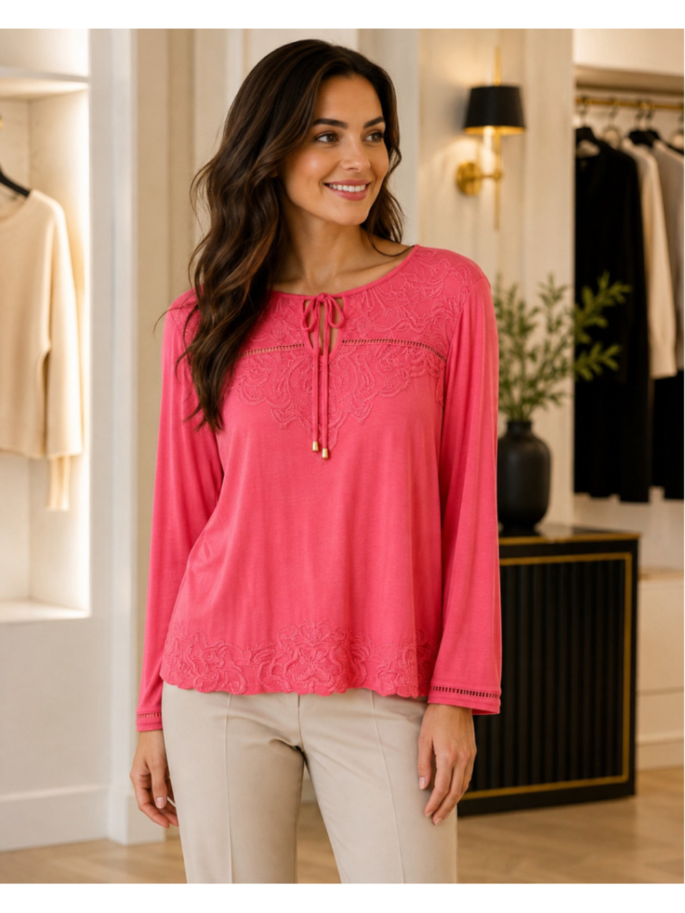 Women's Rafaella Long Sleeve Embroidered Tie-Neck Top, Size S, Coral Pink